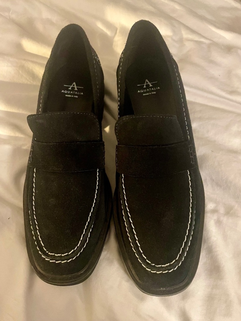 Aquatalia Black Suede Penny Loafers with White Contrast Stitching, size 7.5